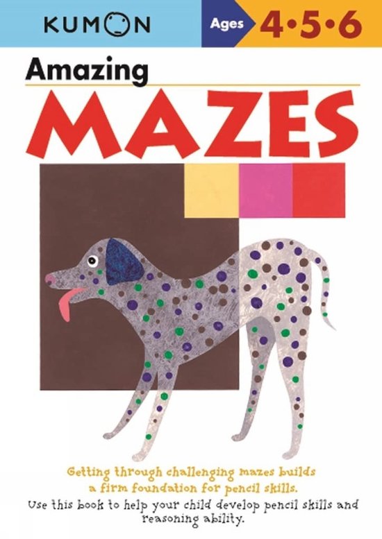 Kumon "Amazing Mazes" boek voor 4-6 jarigen, met een dalmatiër met gekleurde stippen.