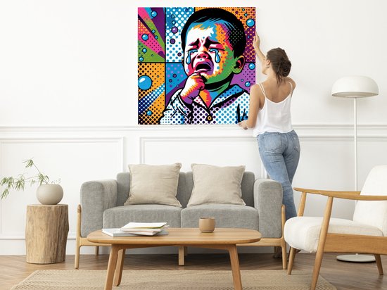 Pop art huilend kind schilderij | Kleurrijk verdriet: een hedendaagse interpretatie van een huilend kind | Kunst - 60x60 centimeter op Dibond | Foto op Dibond
