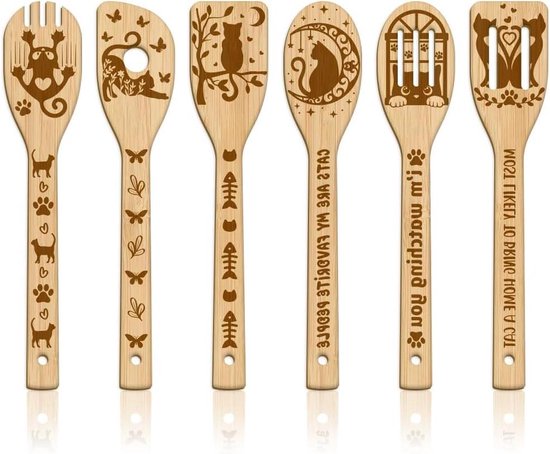 GLOBLELAND 6 Stks Zonnebloemen Bamboe Kookgerei Houten Gegraveerde Kooklepels Set Carving Keuken Bamboe Spatel Set Hout Koken Lepel Voor Keuken Fun Huis Warming Gift