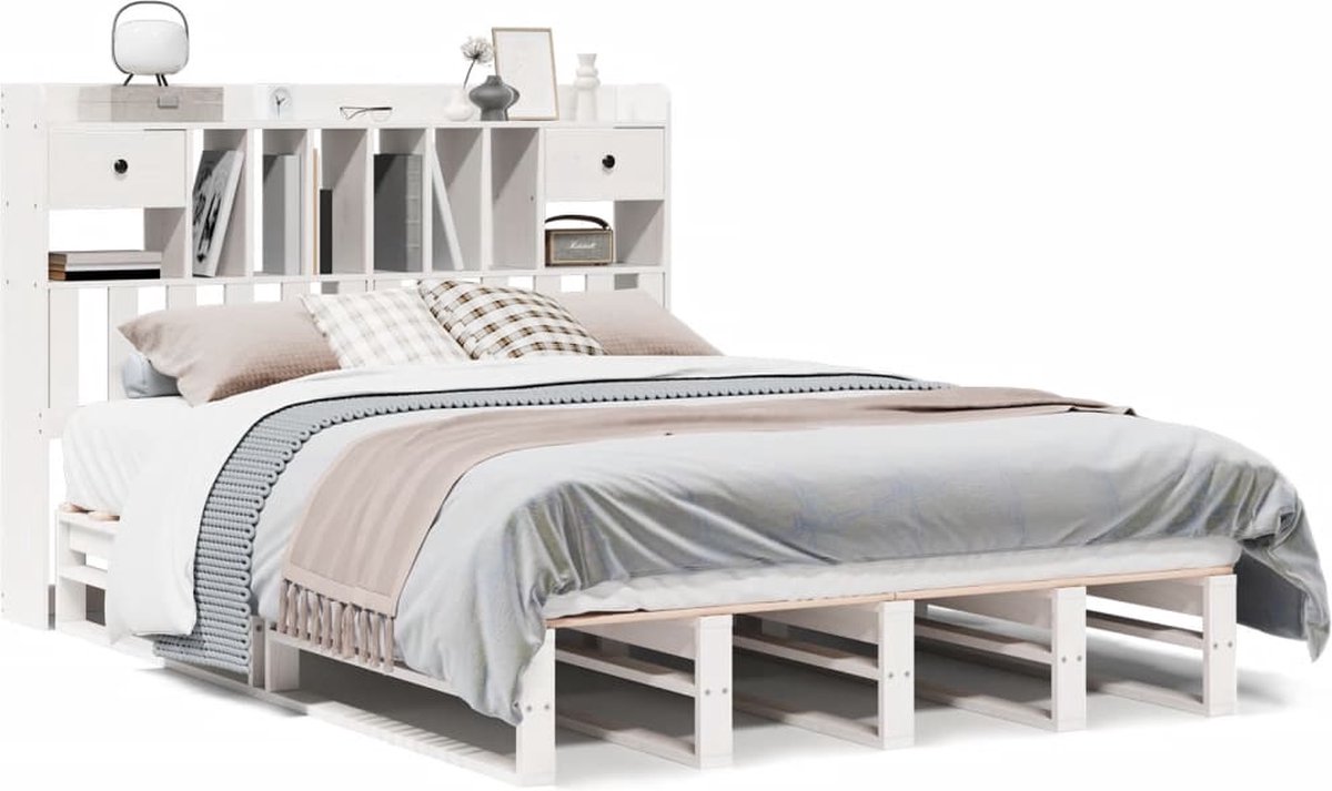 vidaXL - Bed - met - boekenkast - zonder - matras - grenenhout - wit - 150x200 - cm