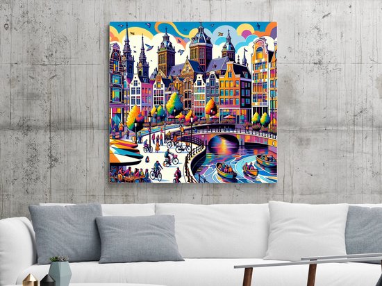 Modern amsterdam schilderij | Urban Elegance: A Contemporary Interpretation of Amsterdam's Modern Culture | Kunst - 40x40 centimeter op Canvas | Foto op Canvas