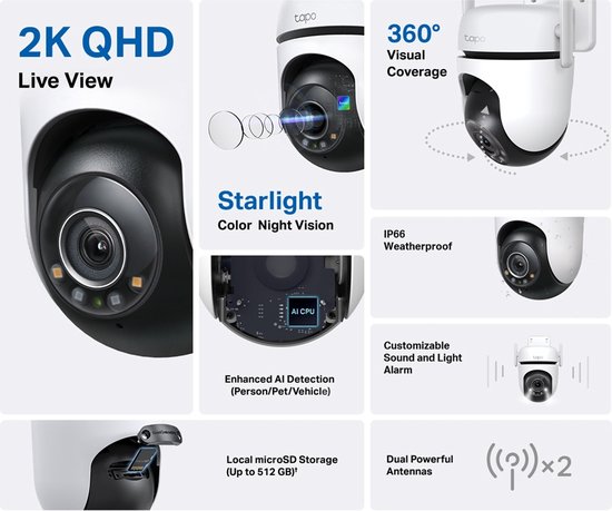 TP-Link Tapo C520WS - Caméra de sécurité - Plein air - 2,5K - 360° horizontal & 130° vertical - Caméra WiFi