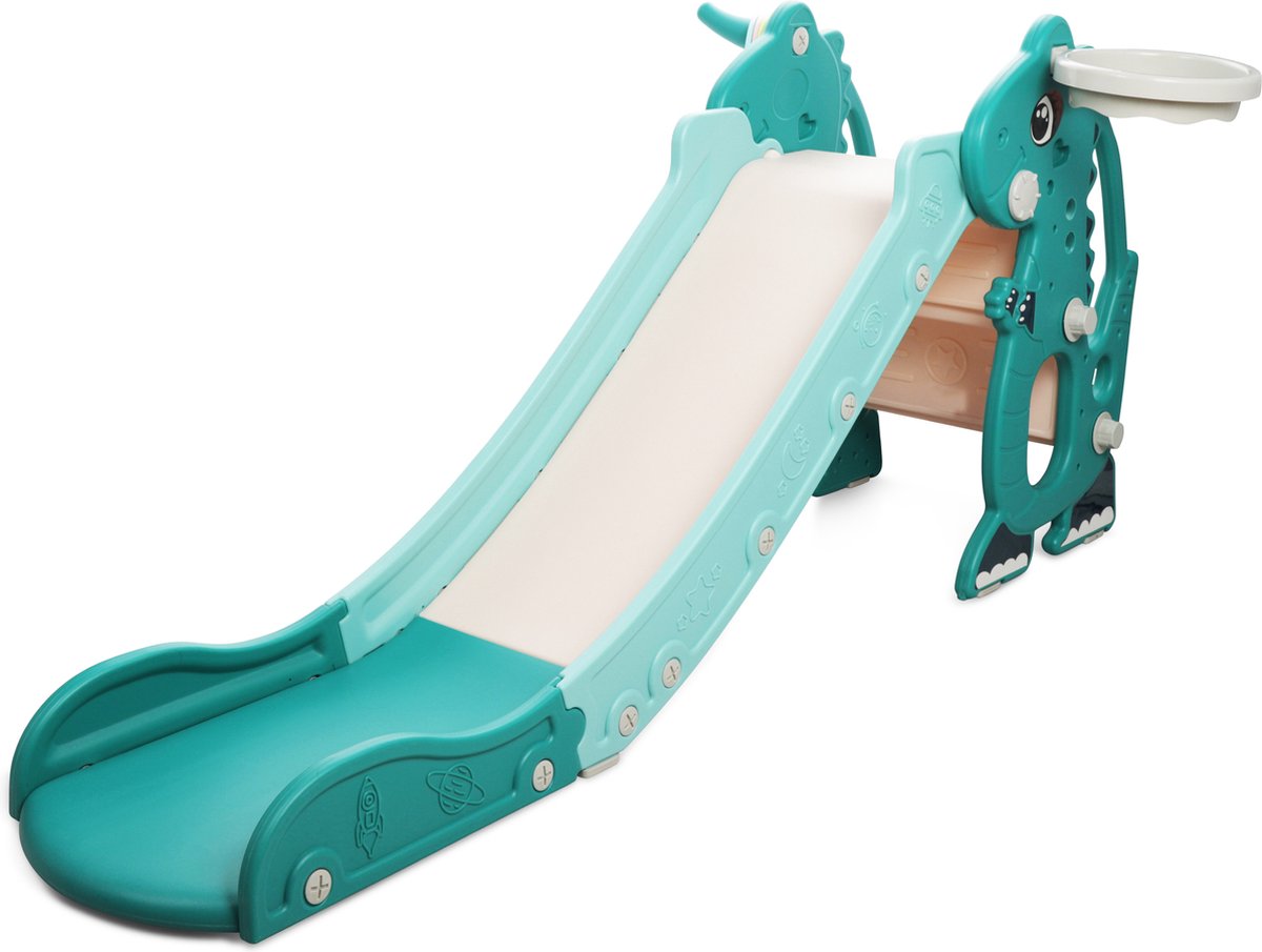 Rockerz Premium Glijbaan - Voor binnen en buiten - Speelplezier gegarandeerd - Opvouwbaar - Veilige dichte trap - Ringen spel - Basketbal ring (inclusief bal) - Muziek beertje - Kleur: Groen — afbeelding 3