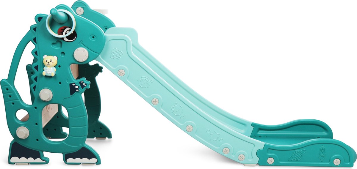 Rockerz Premium Glijbaan - Voor binnen en buiten - Speelplezier gegarandeerd - Opvouwbaar - Veilige dichte trap - Ringen spel - Basketbal ring (inclusief bal) - Muziek beertje - Kleur: Groen — afbeelding 16