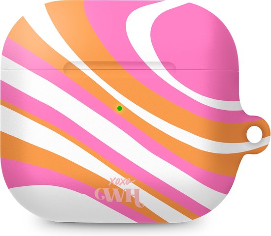 xoxo Wildhearts hoesje geschikt voor AirPods 4 - Chasing Sunsets - Ook als telefoonhoesje verkrijgbaar - schokbestendige case - koptelefoonhoesje - Matte afwerking - Beschermhoes met golvende print - golven - Beige - Oranje - Roze