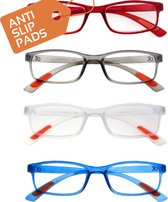 Amazotti Combi Set de 3 couleurs Lunettes de lecture tendance ultra-légères (rouge / gris / transparent) - force +1.75