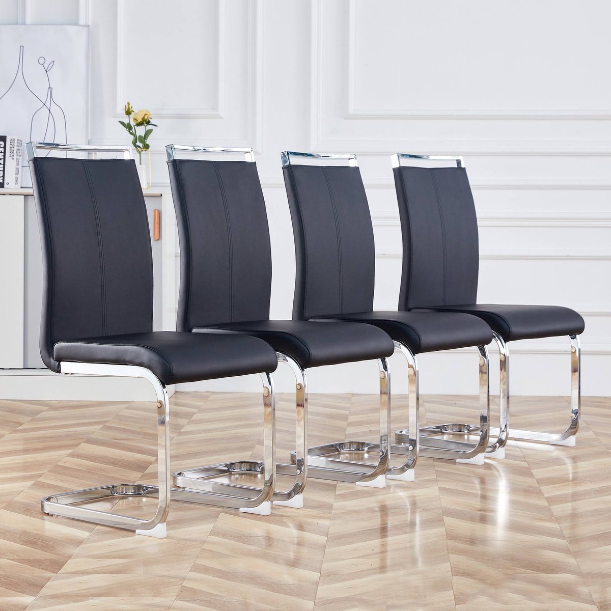 Gutent Eetkamerstoel, Zwart, (set van 4), Sledestoel, Verchroomd Metalen Frame, Belastbaar tot 120 kg, Bekleed met kunstlederen bekleding