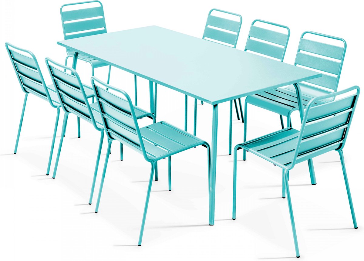 Oviala - Tuinset met tafel en 8 turquoise stoelen - Palavas