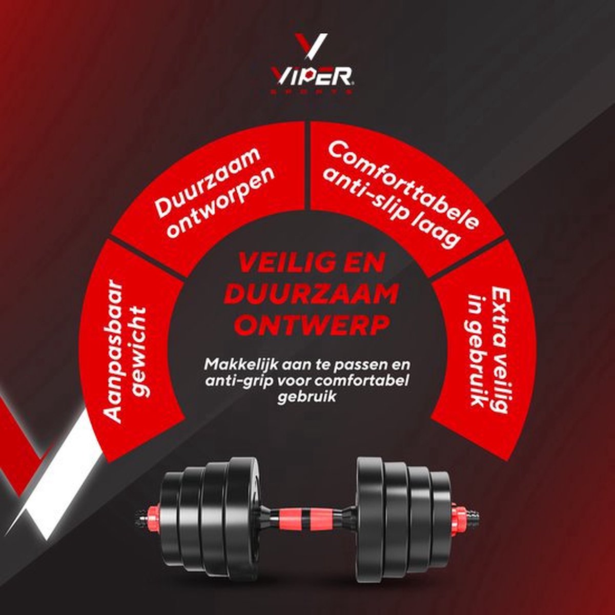 Verstelbare Dumbbell Set tot 20kg – Halterset 2x10kg – 2-in-1 Gewichten – Home Gym - Krachttraining – Viper Sports – Rood – foto 4