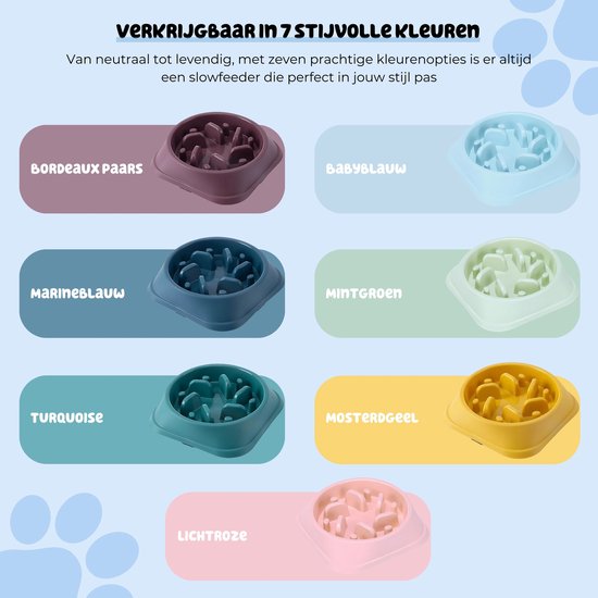 Bordeauxroze, babyblauw, marineblauw, mintgroen, turquoise, mosterdgeel en lichtroze voerbakjes met een puzzelontwerp.