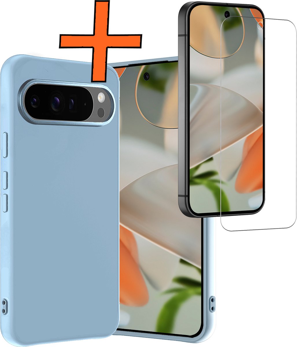 Hoes - Met Screenprotector - Geschikt voor Google Pixel 9 Pro XL - Sterk & Shockproof - Back Cover - Siliconen Case - Telefoon Hoes - Lichtblauw