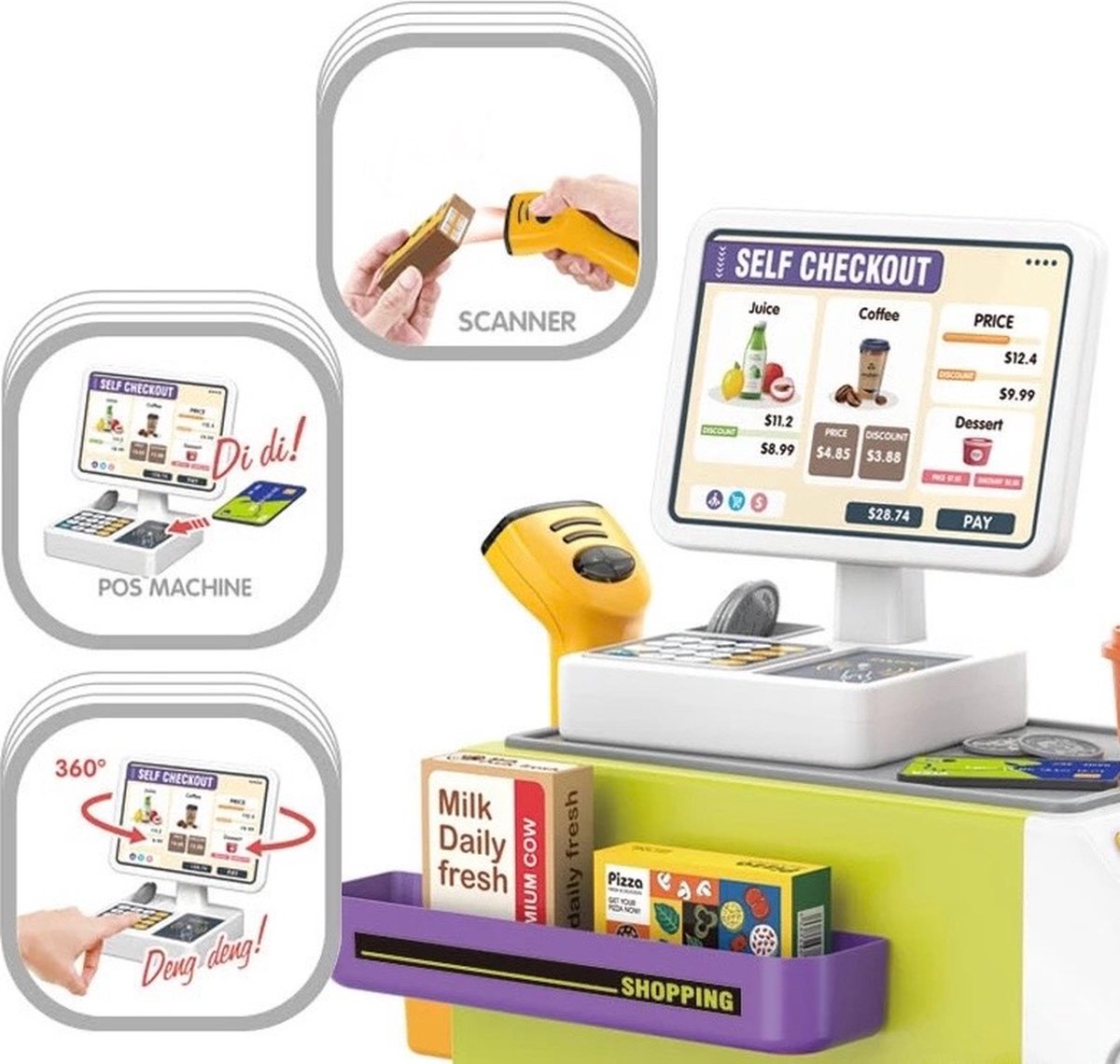 OODBLUE Supermarkt Speelgoed Kassa – Interactieve Speelset met Scanner, Licht & Geluid – Inclusief Speelgeld & 46 Accessoires — afbeelding 5