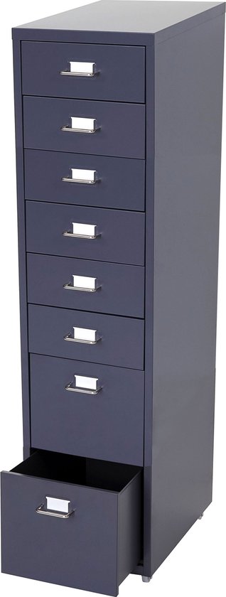 Hoge, smalle donkergrijze metalen archiefkast met acht laden, één lade is open.