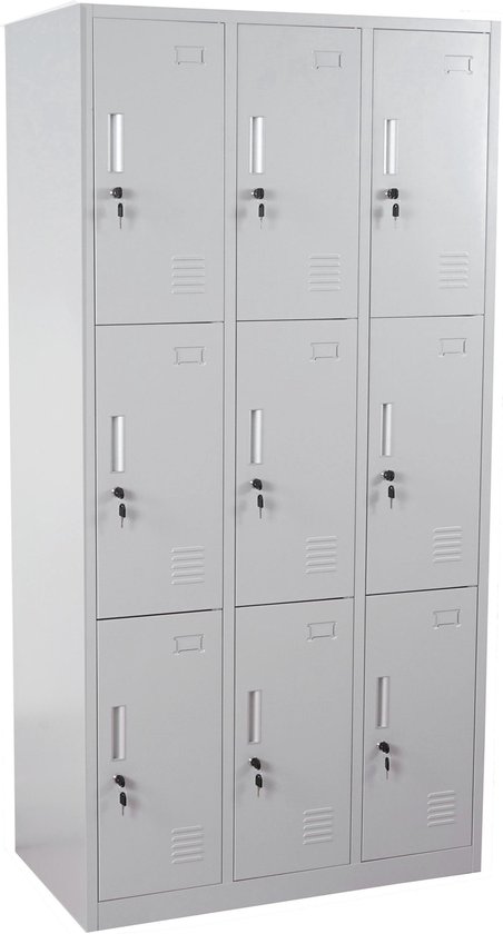 Grijze metalen locker met 9 vakken, allemaal gesloten met sleutels.