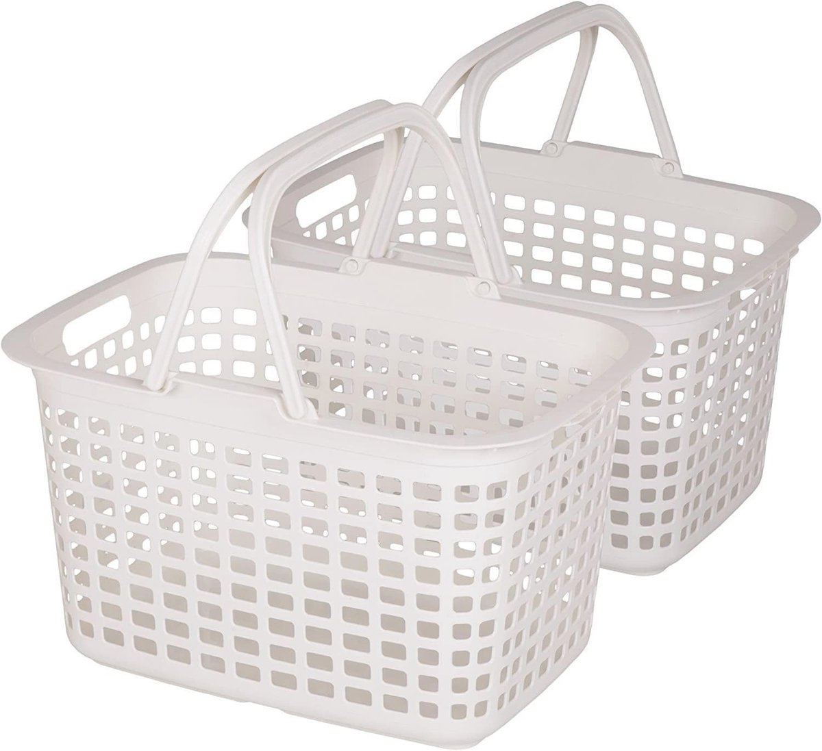 Plastic Laundry Basket Set of 2 - 25 L Ergonomic Handles BPA Free Mesh Shape - White