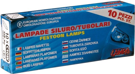Een blauwe doos met de tekst 'LAMPE SILURO/TUBOLARI FESTOON LAMPS' en '10 PEZZI PCS. ST.'. De verpakking toont een auto met verlichte koplampen.