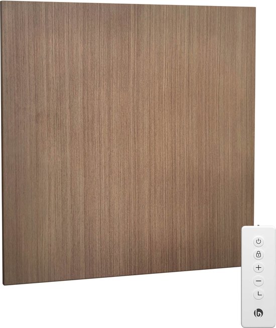 Panneau chauffant infrarouge carré aspect grain de bois, avec une télécommande à proximité.