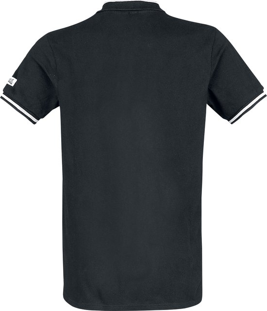 Zwart poloshirt met witte strepen op de kraag en mouwen.