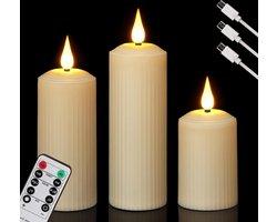 Gezellige LED-Kaarsen Outdoor Waterdichte Oplaadbare LED Kaarsen met Afstandsbediening Timer - Flikkeren Warm Wit Dimbaar - Elektrische Vlamloze Stompkaarsen - USB-Type-C-kabel - (5 x 10.5/14/17cm)