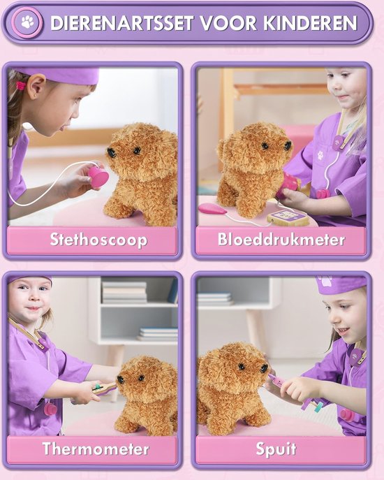 Atoylink Dokterskoffer voor kinderen, houten dierenarts speelgoed, elektrisch hondenspeelgoed voor hardlopen en blaft, dokterskostuum, dokterskoffer, rollenspel, interactief hondencadeau voor meisjes