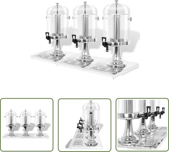 The Living Store Drievoudige sapdispenser roestvrij staal 3x8 L - Sapdispenser - Drinkdispenser - Party Essentials - Cocktailparty - Barbecue