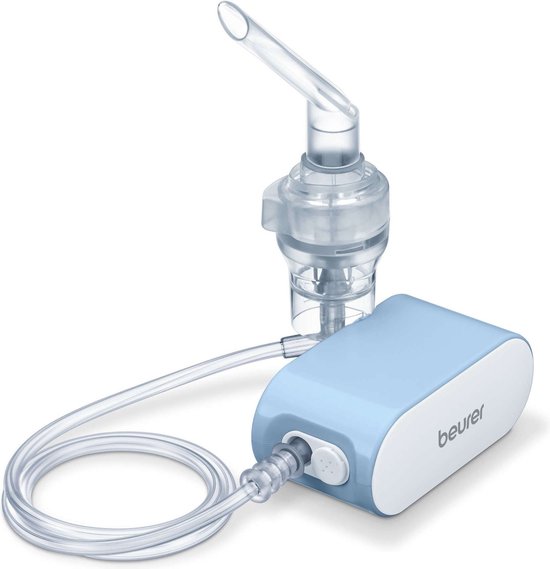 Beurer inhalator met blauw apparaat, vernevelaar en transparante slang.