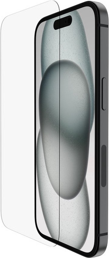 iPhone met screenprotector, schuine weergave met lichte reflecties.