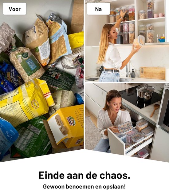 Voor en na foto's van keukenkastjes, met rommelige voorraden links en georganiseerde bakken rechts.