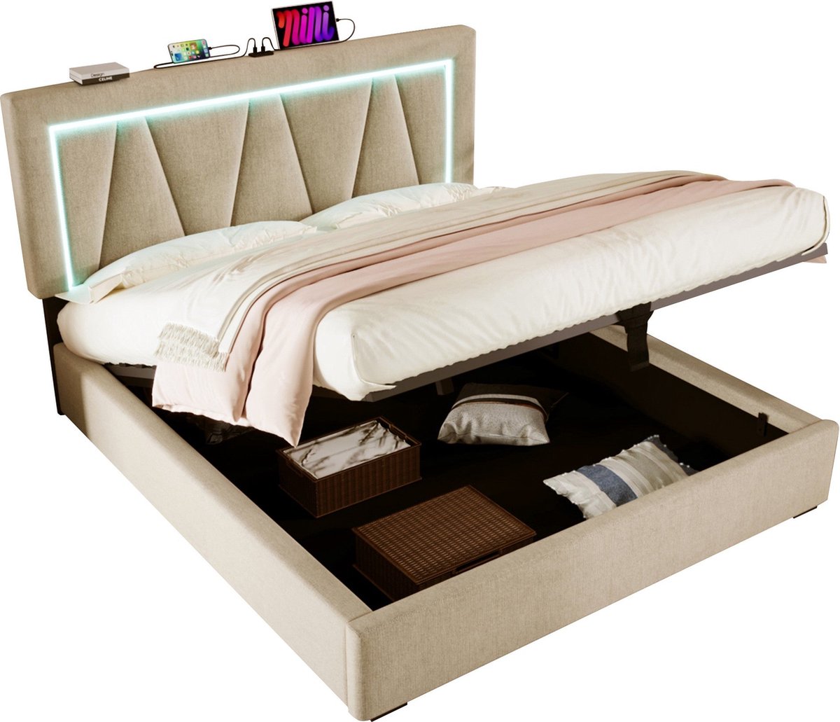 Merax Gestoffeerd Bed 140x200 cm - LED Bed met USB Type-C Oplaadfunctie en Verstelbaar Hoofdeinde - Met Lattenbodem - Beige