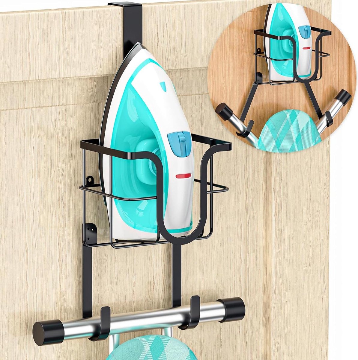 Goedkoopste Inklapbare wandhouder met opbergmand en afneembare haken voor strijkijzer - wandmontage houder - waskeuken opbergsysteem ophangsysteem strijkplank