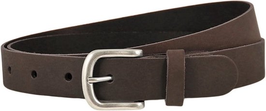 Donkerbruine leren damesriem van Landley met zilverkleurige gesp, breedte 3 cm.