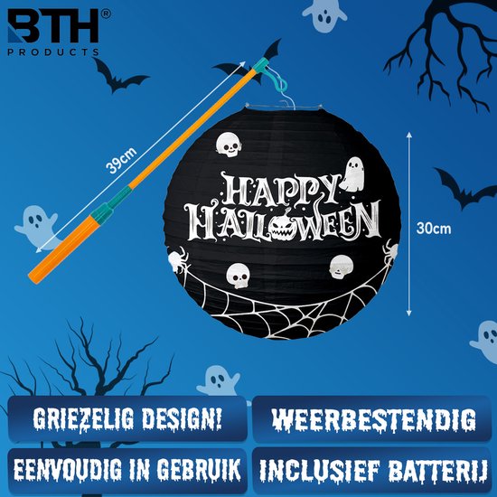 Zwarte lampion met 'Happy Halloween' tekst en spookjes, spinnenwebben. Met oranje stok met 39cm lengte en lampion met 30cm diameter.