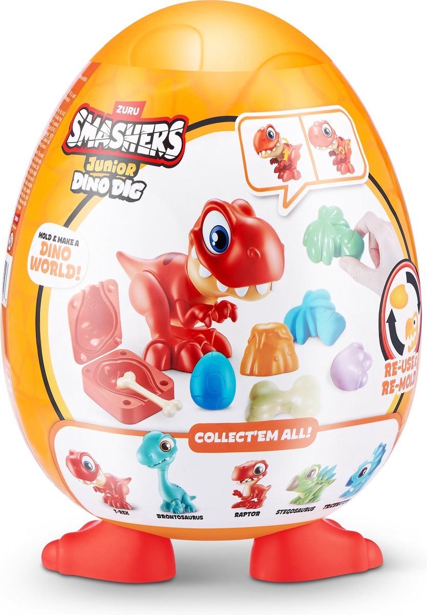 Smashers Junior Dino Dig – Œuf Géant T-Rex Avec 18 Surprises – 1 Kg De Pâte à Modeler, 6 Moules, Autocollants – Jeu De Motricité Pour Enfant Dès 18 Mois