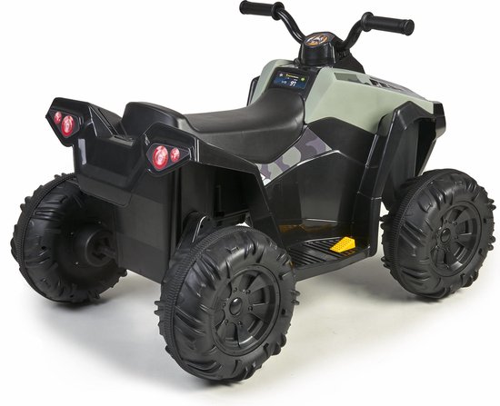 Zwart-groene speelgoedquad met camouflageprint, grote wielen en rode achterlichten.