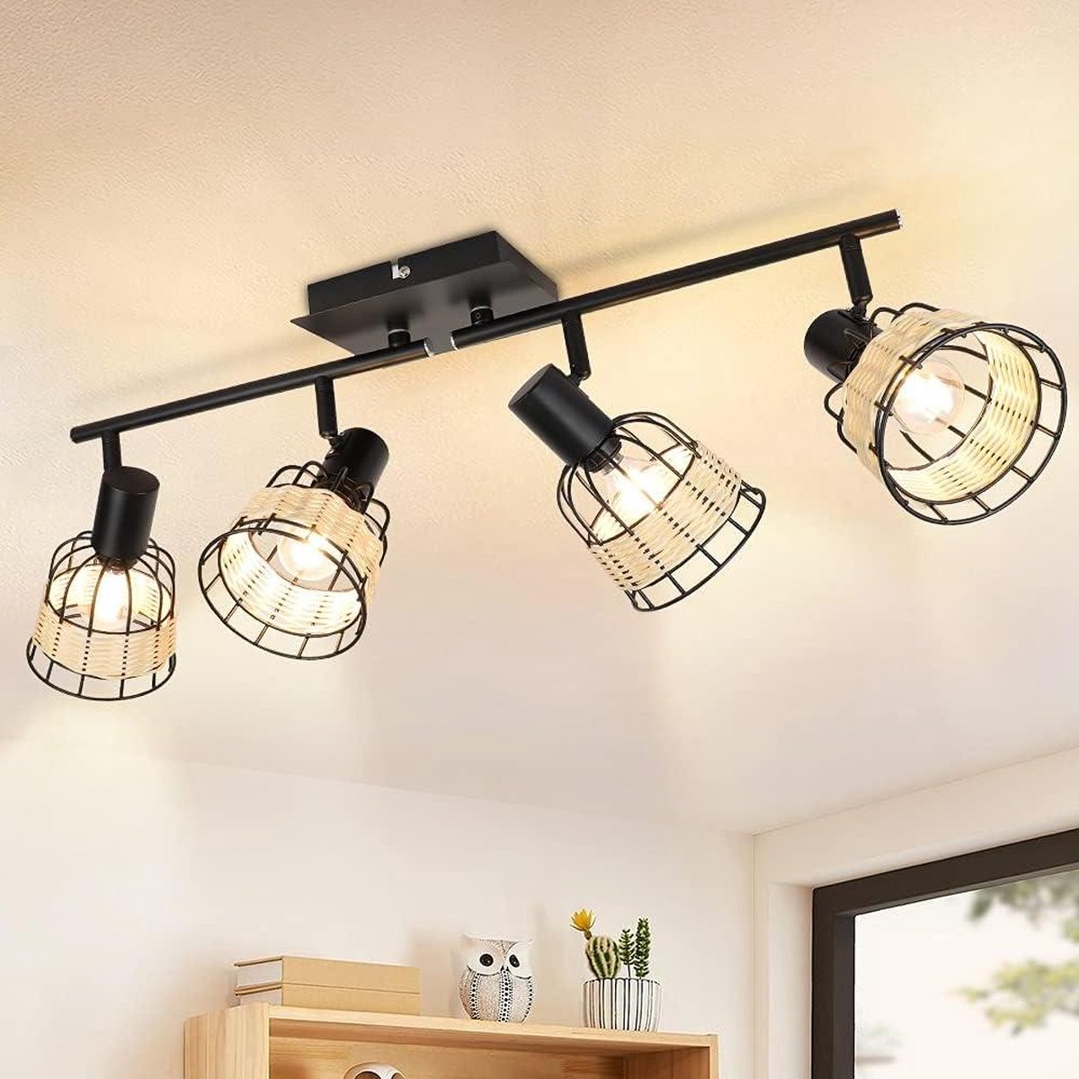 Zwart rotan draaibare plafondspot vintage landelijke stijl 4 lichtpunten E14 lamp bamboe woonkamer keuken bar