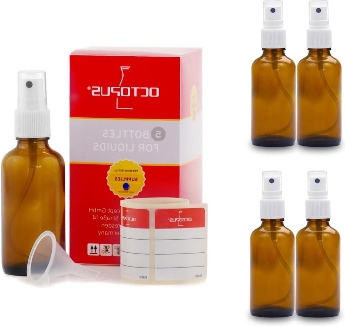 Image of 50 ml amberkleurige glazen flesjes - minitrechter - etiketten - sproeiflacons - lichtbescherming
