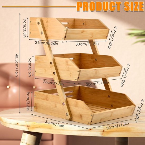 OHMG Panier à Fruit en Bambou,3 Étagespanier de Fruits,Corbeille à Fruits à 3 Étages,Support pour Le Rangement Des Légumes,Panier Legumes Rangement (2 Niveaux(Bambou), 25*30*26.5cm