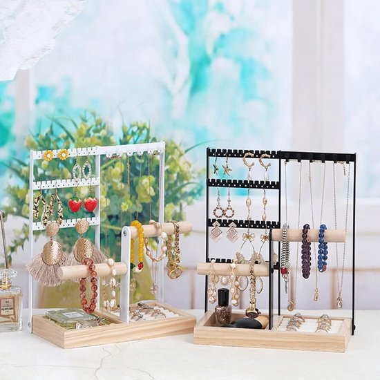 Josmimic Sieraden organizer met 3 niveaus, Beige sieradenstandaard, armbanden, afneembare T-brug, fluwelen armbandhouder, sieradenhouder voor armband, halsketting, horloges, ringen