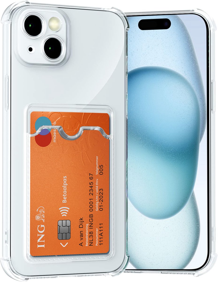 Hoesje geschikt voor iPhone 15 hoes met kaarthouder shockproof backcover transparant