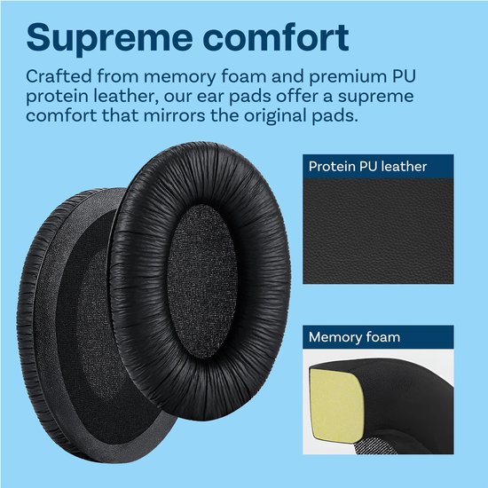 Zwarte oorkussens, met detailfoto's van 'Protein PU leather' en 'Memory foam'.