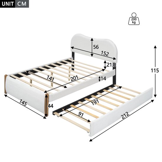 Lit rembourré Merax 140x200 cm avec lit à roulettes extractible - Design minimaliste - Wit - MDF et Tissus doux - Sommier à lattes inclus