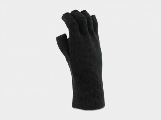 Een zwarte gebreide vingerloze handschoen, met open vingers.