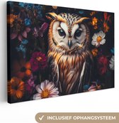 Canvas schilderij 180x120 cm - Wanddecoratie Uil - Bloemen - Kleurrijk - Natuur - Muurdecoratie woonkamer - Slaapkamer decoratie - Kamer accessoires - Schilderijen