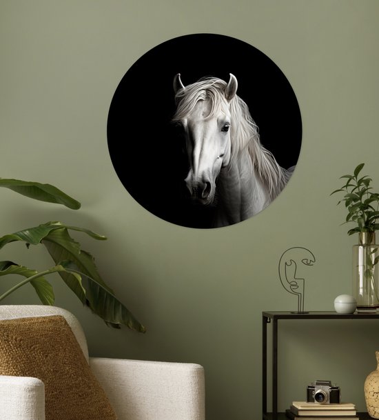 WallCircle® - Papier peint cercle 80x80 cm - Stickers muraux Cheval - Portrait - Zwart - Wit - Animal - Cercle mural salon - Cercle mural chambre - Décoration de pièce autocollante - Accessoires de Décoration murale