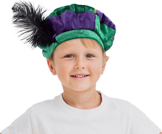 Funny Fashion Luxe pietenmuts/baret - paars/groen - voor kinderen - Pietenbaret - Sint en Piet verkleedaccessoire