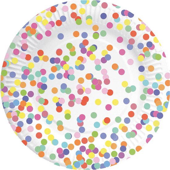 Assiette en carton blanche avec des confettis multicolores.