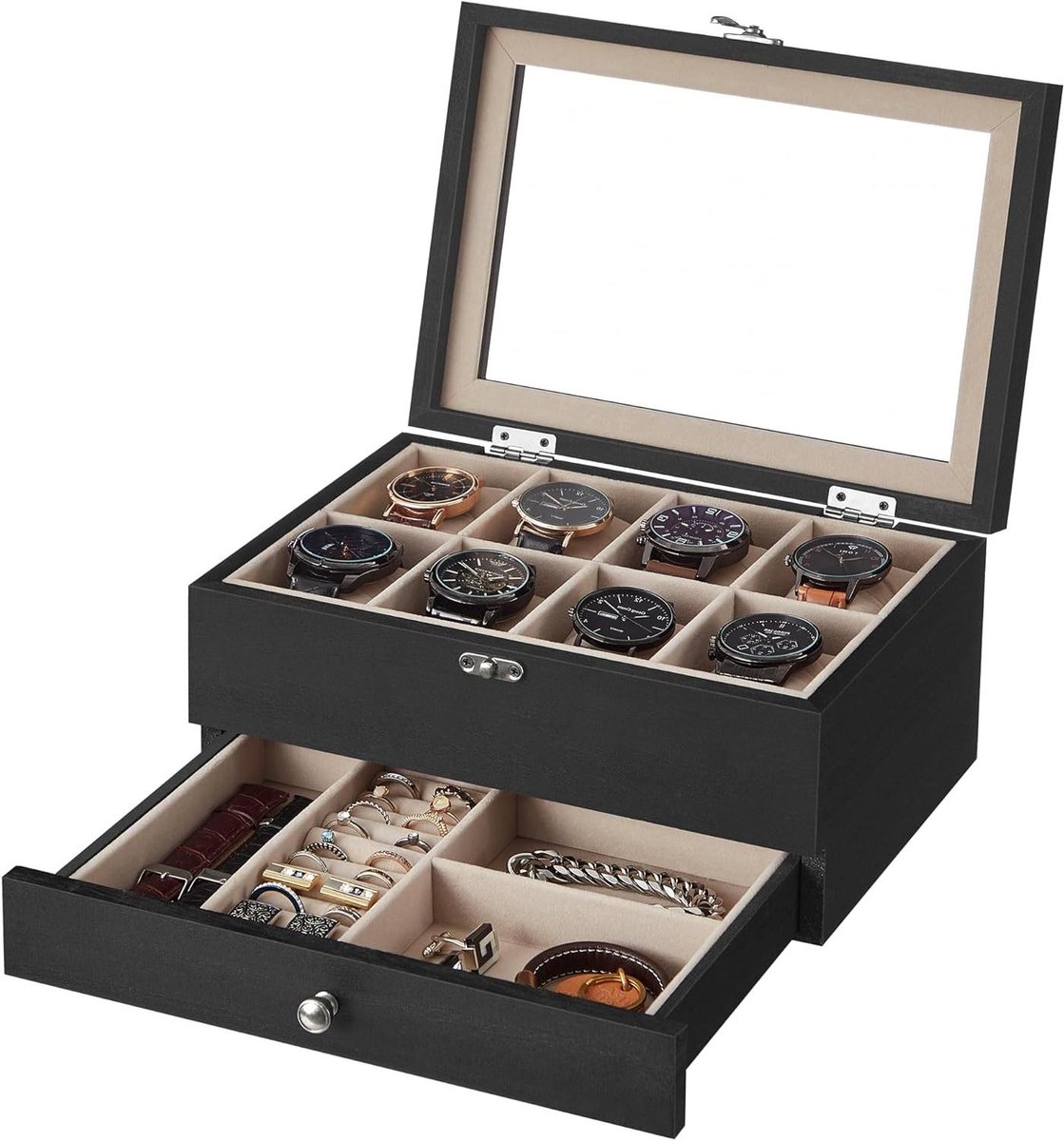 Horlogebox met 8 vakken - Massief houten horlogebox met glazen deksel - Ringen armbanden kettingen - Zwart