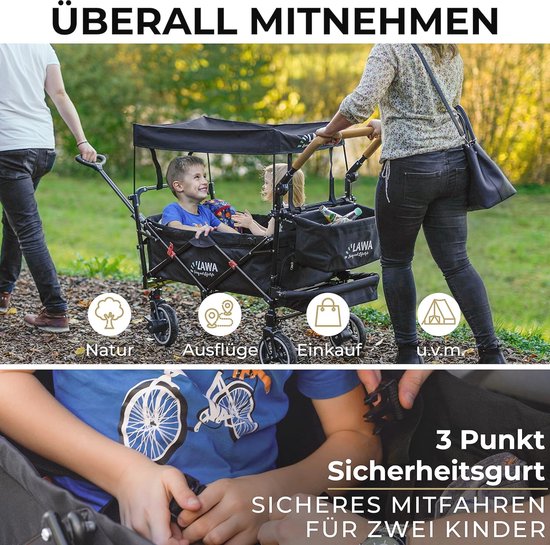 Opvouwbare Bolderkar met Dak voor Kinderen - Strandkar met Regenkap, Bekerhouder & Schokdemper, Draagvermogen 80kg, Voor Kinderen van 1 tot 8 Jaar — afbeelding 2
