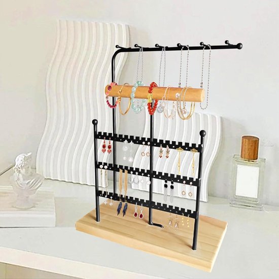 JYCRA Metalen Oorbel Houder en Sieraden Organizer Met Houten Lade,Sieraden Display Stand Met Oorbel Gaten voor Oorbellen Kettingen,H