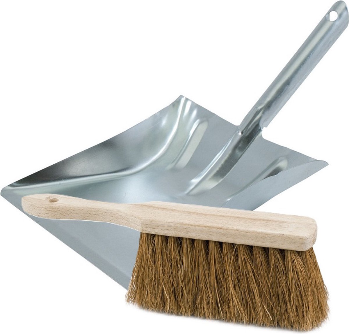 Goedkoopste Stoffer en Blik set Thor - voor buiten - blik van metaal - zilver - 38 x 23 cm - borstel hout van 28 cm - Kokos vezels